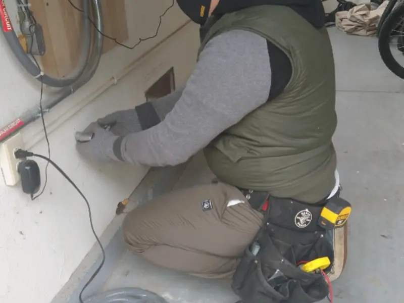 Electrician performing outlet wiring in a Naranja garage